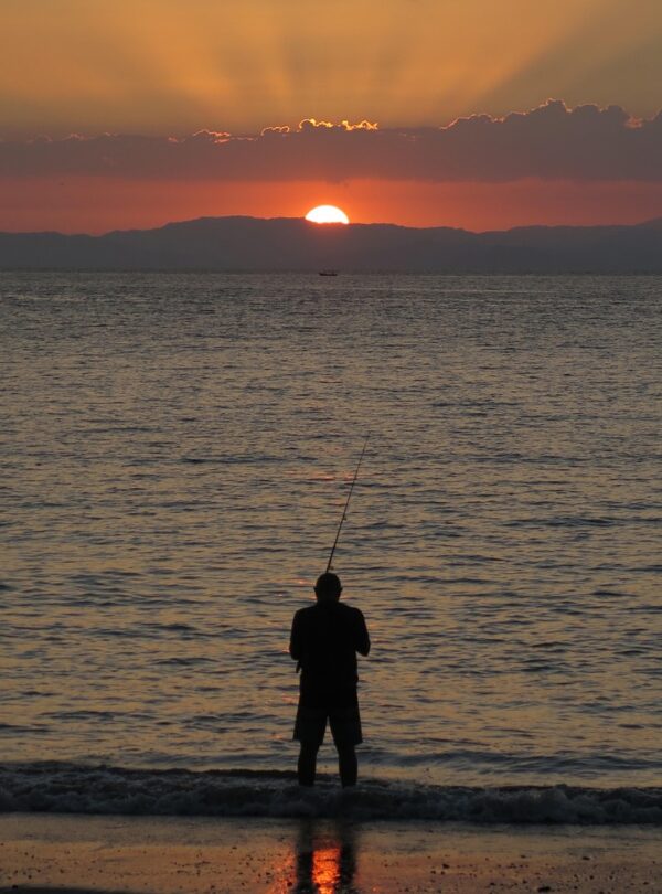 fishing, beach, sunset, fisherman, nature, costa rica